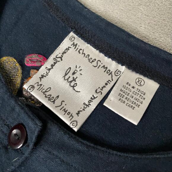 Vintage Michael Simon Lite Art Deco Angels Trumpets Black Cardigan Sweater XL - Picture 5 of 7